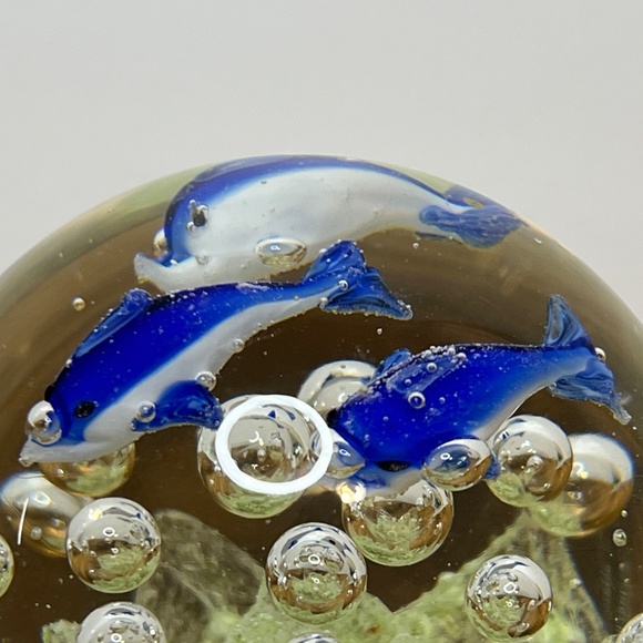 Art Glass Dolphin Paperweight Controlled Bubbles Blue Green 4.5" Murano Style - Picture 6 of 11